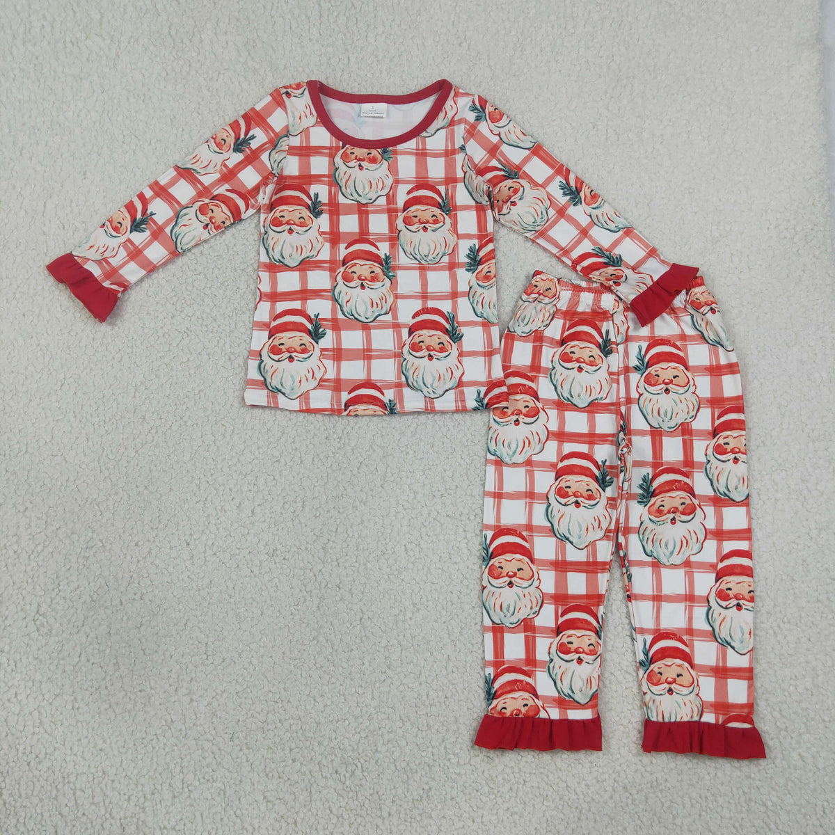 NEW RTS NO MOQ milk silk GLP3542 Baby Girls Red Checked Santa Top Ruffle Pants Christmas Pajamas Set