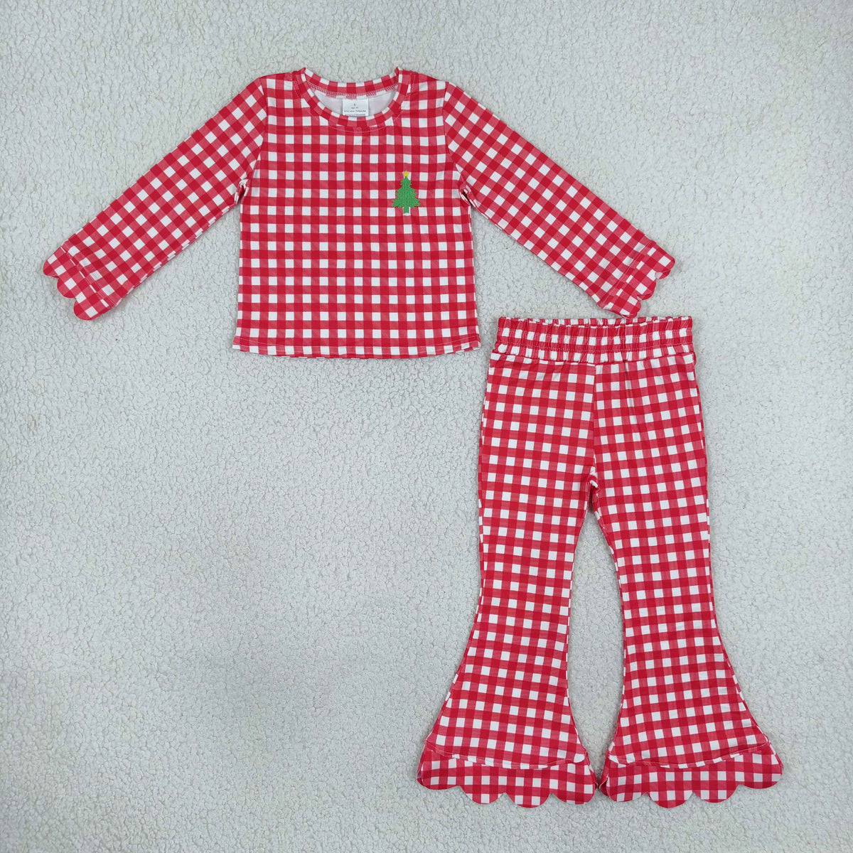 NEW RTS NO MOQ milk silk GLP3590 Embroidery Trees Baby Girls Red Checked Top Scallop Flare Pant Christmas Clothes Set