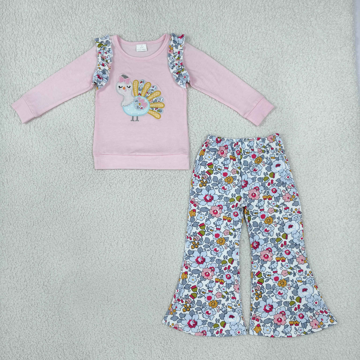 NEW RTS NO MOQ milk silk GLP3597 Embroidery Turkey Flowers Baby Girls Top Flare Pant Thanksgivings Clothes Sets