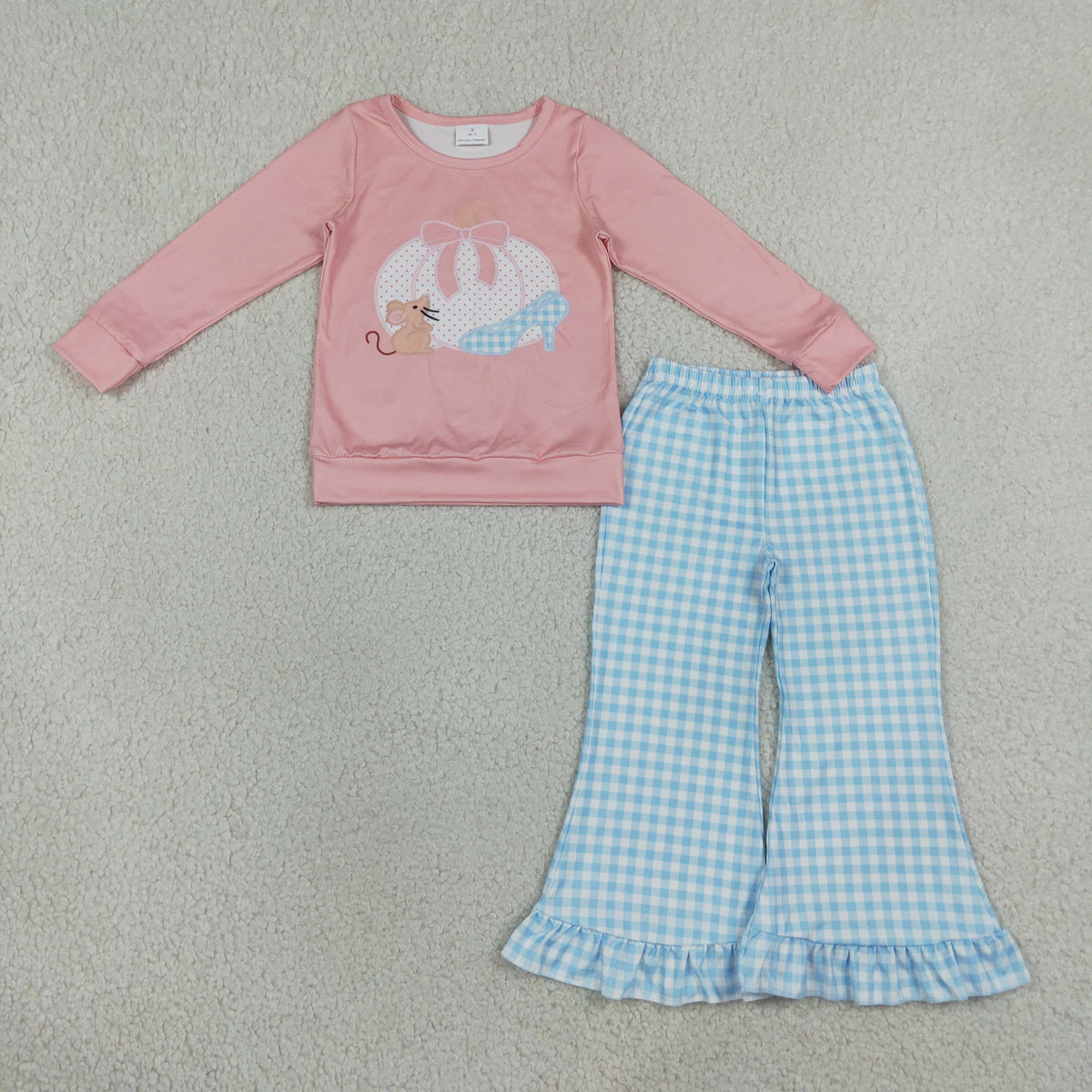 NEW RTS NO MOQ milk silk GLP3598 Baby Girls Bow Pumpkins Mouse Top Checked Ruffle Flare Pant Fall Clothes Sets