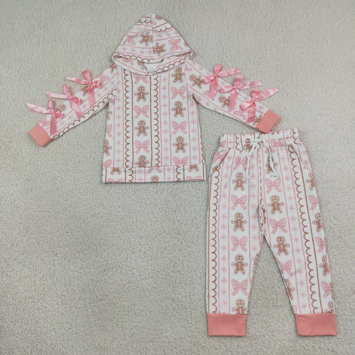 NEW RTS NO MOQ milk silk GLP3614 Baby Girls Bows Gingerbread Hoodie Pockets Jogger Christmas Clothes Set