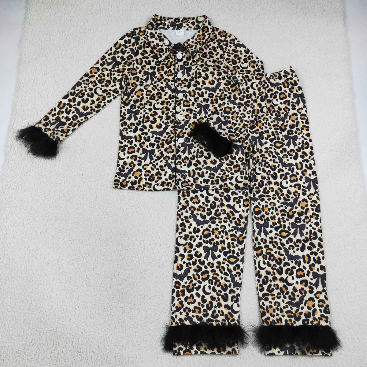 NEW RTS NO MOQ milk silk GLP3639 Adult Women Leopard Bats Button Top Pant Fur Sleeves Halloween Pajamas Set