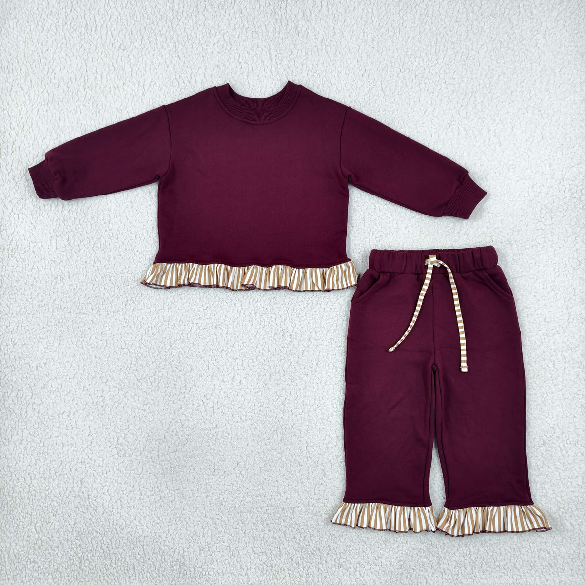 NEW RTS NO MOQ fleece fabric GLP3647 Baby Girls Maroon Long Sleeve Shirts Top Pockets Ruffle Pants Clothes Set