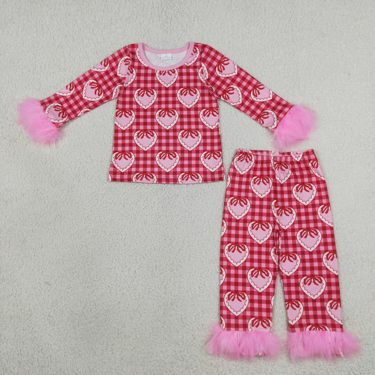 NEW RTS NO MOQ milk silk GLP3669 Baby Girls Pink Checked Bow Hearts Top Pant Fur Sleeves Valentines Pajamas Set