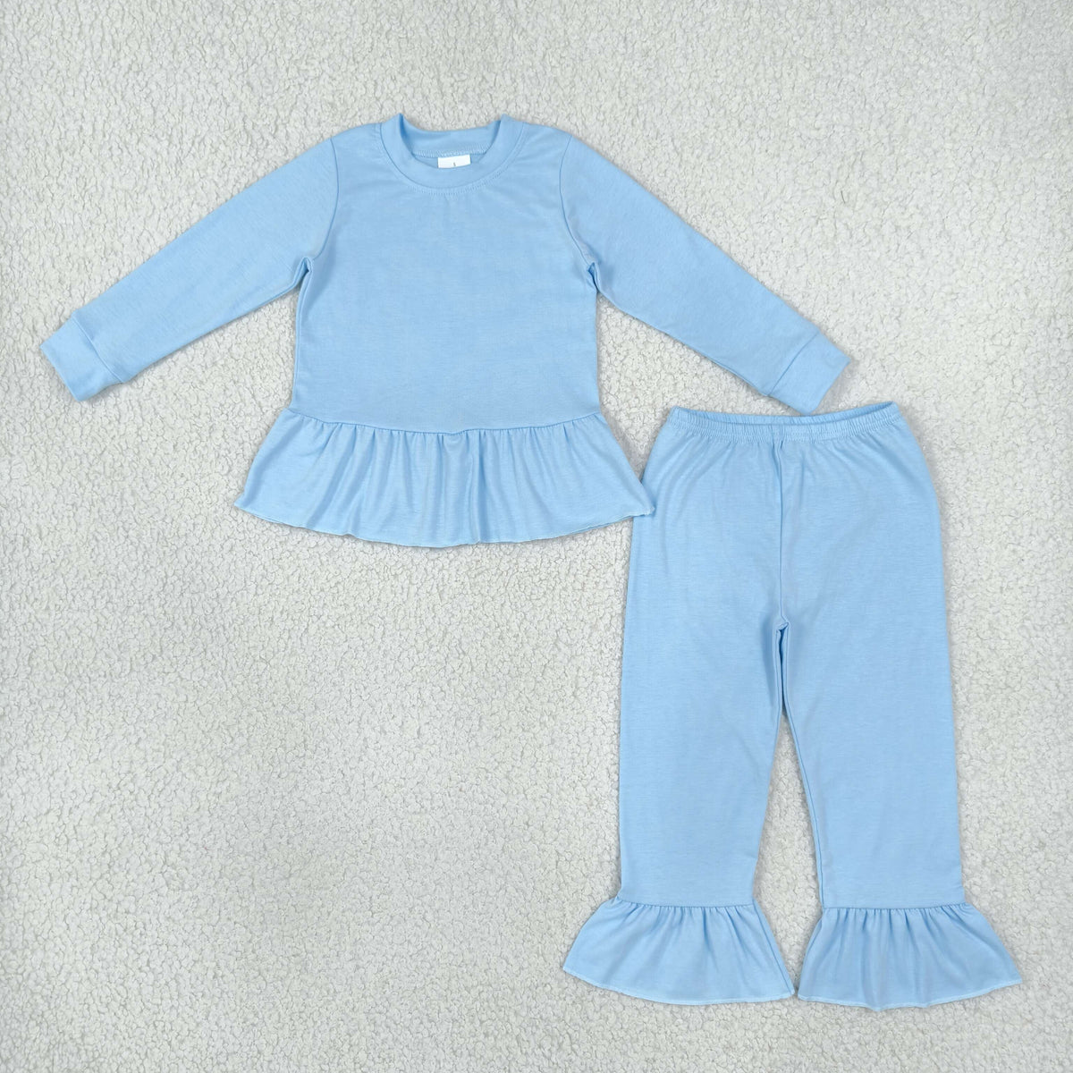NEW RTS NO MOQ milk silk GLP3748 Baby Girls Light Blue Long Sleeve Tunic Ruffle Pant Clothes Set