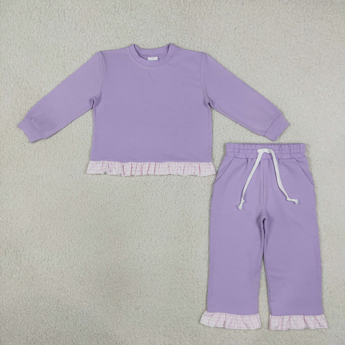 NEW RTS NO MOQ milk silk GLP3755 Baby Girls Lavender Long Sleeve Top Ruffle Pant Fall Clothes Set