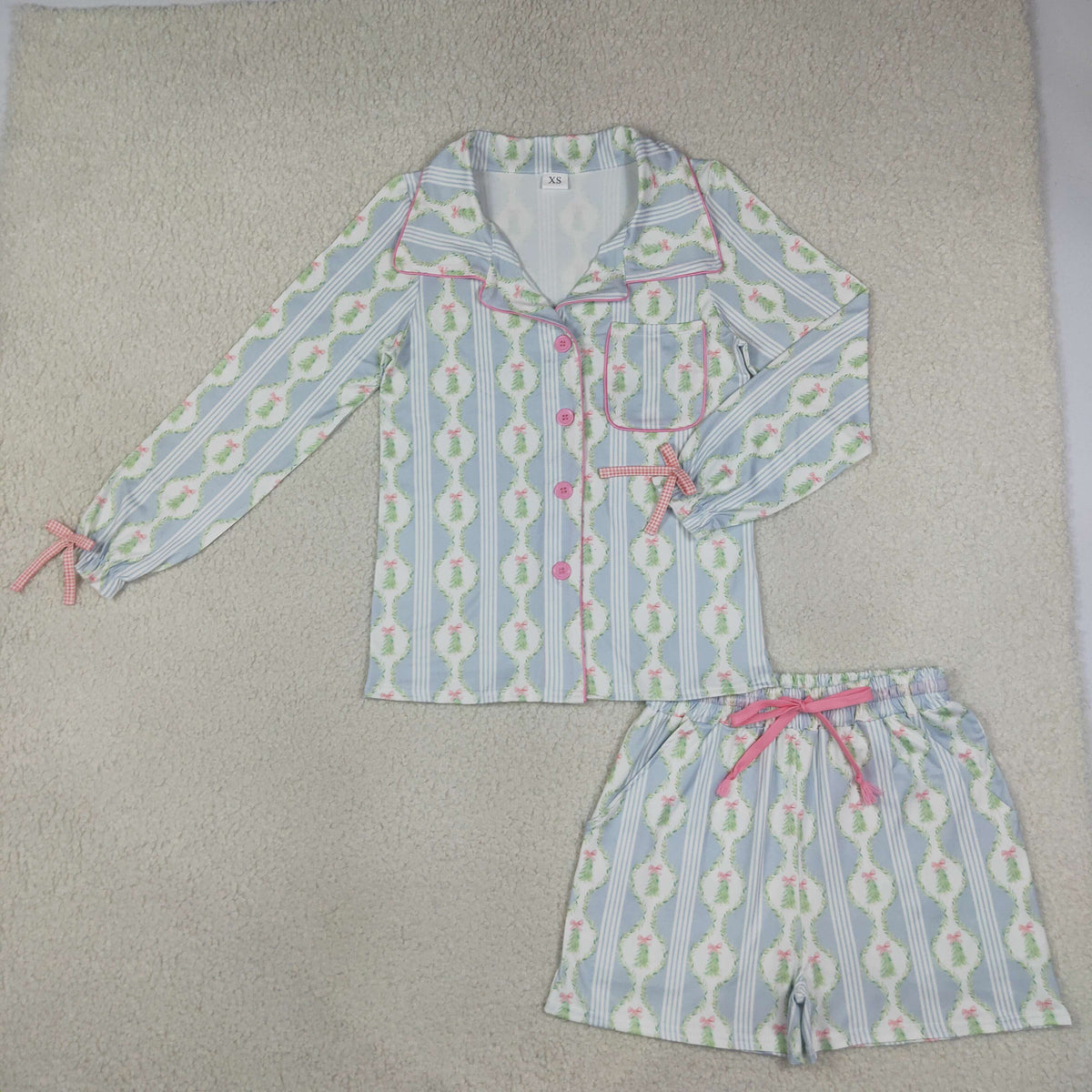 NEW RTS NO MOQ milk silk GLS0114 Adult Women Bows Trees Button Pocket Top Shorts Christmas Pajamas Set
