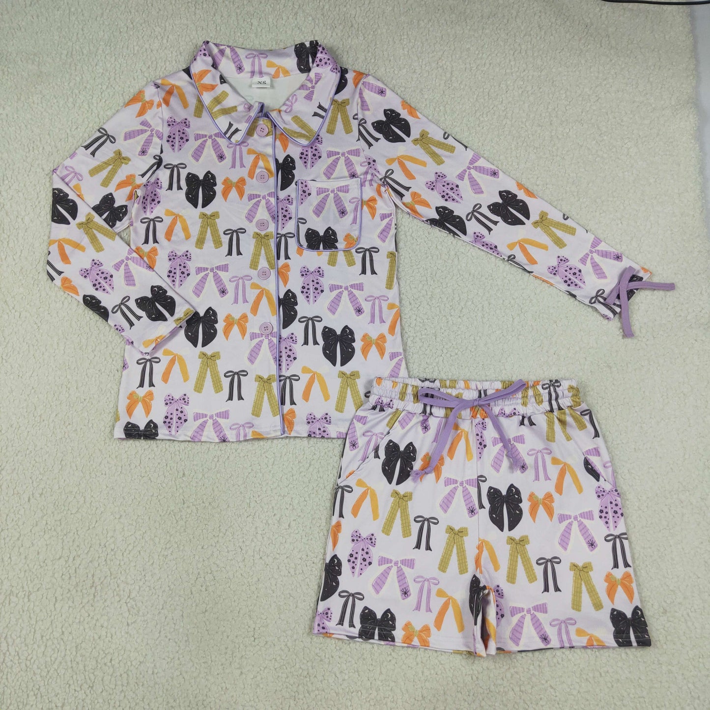 NEW RTS NO MOQ milk silk GLS0120 Adult Women Halloween Spider Print Bow Button Front Pocket Top Elastic Waist Shorts Pajama Set