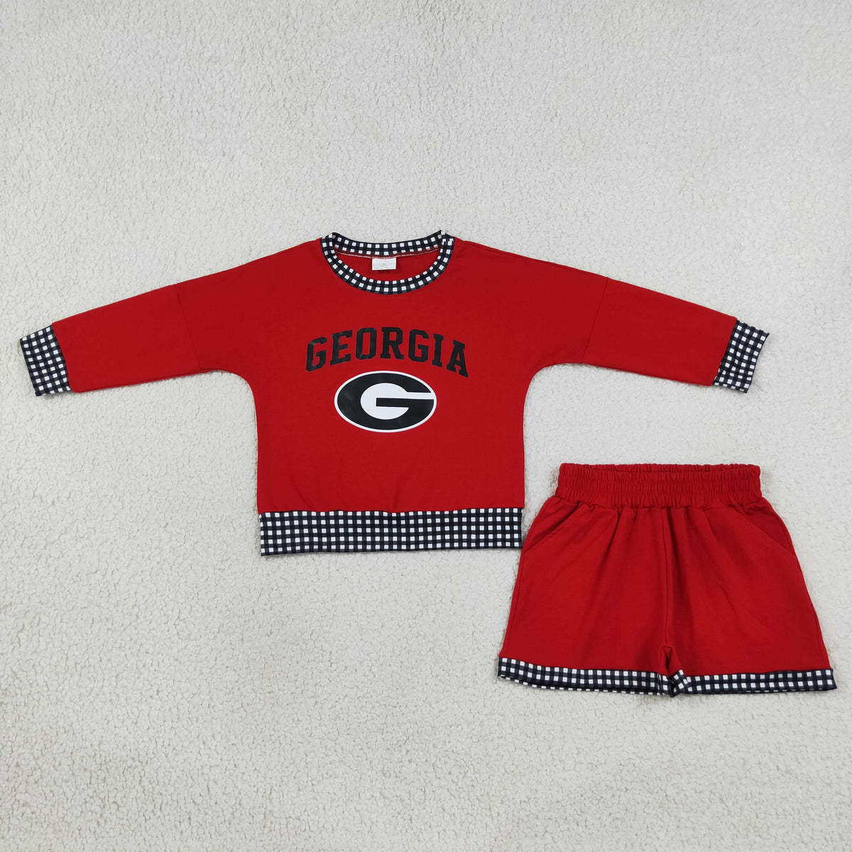 NEW RTS NO MOQ Vinyl GLS0168 Baby Girls Vinyl Georgia Long Sleeve Top Pockets Short Team Clothes Set