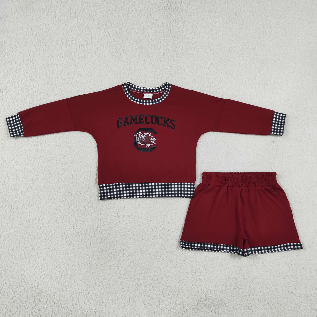 NEW RTS NO MOQ Vinyl GLS0169 Baby Girls Vinyl Gamecocks Long Sleeve Top Pockets Short Team Clothes Set