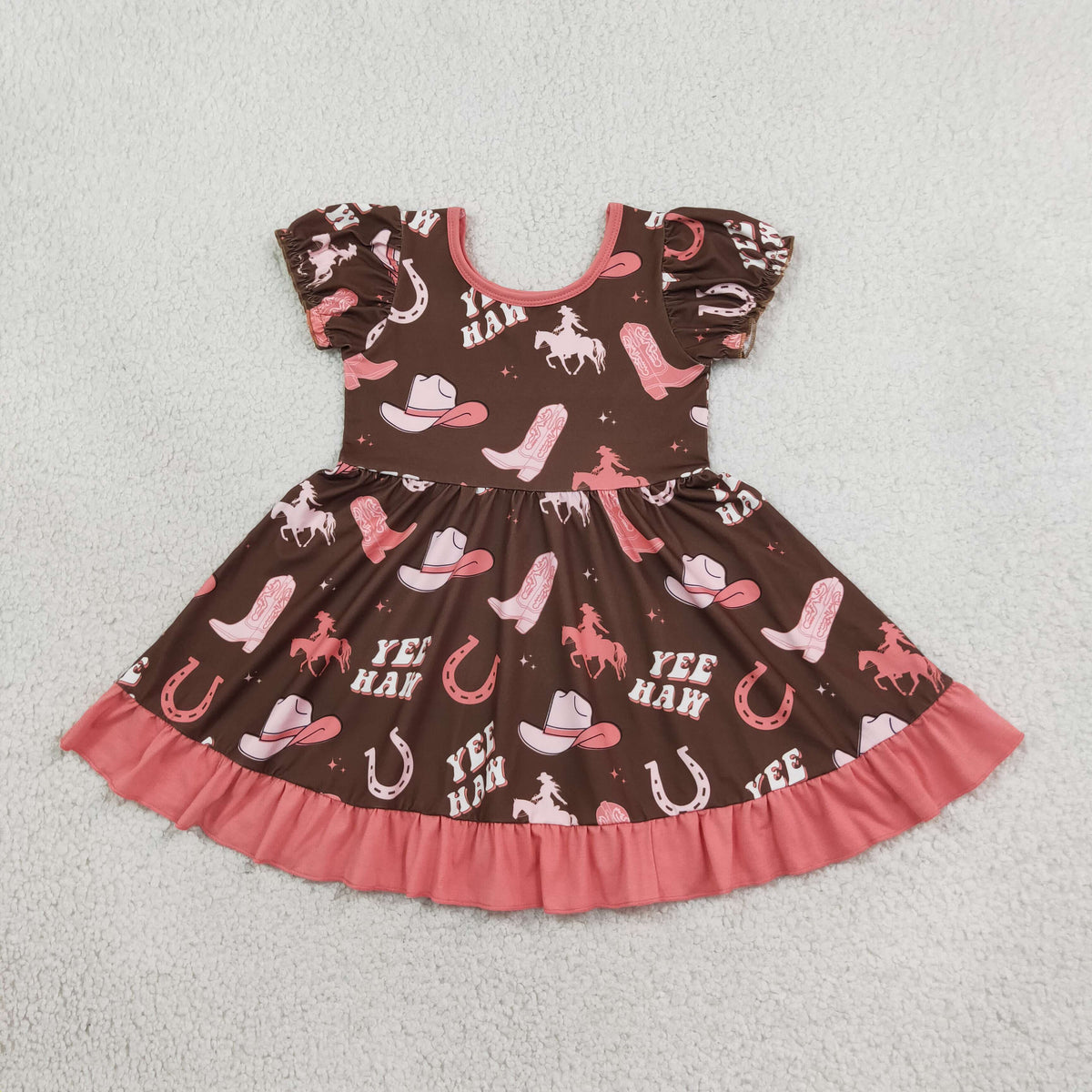 NEW RTS NO MOQ milk silk GSD0748 Baby Girls Boots Yee Haw Western Ruffle Knee Length Dresses