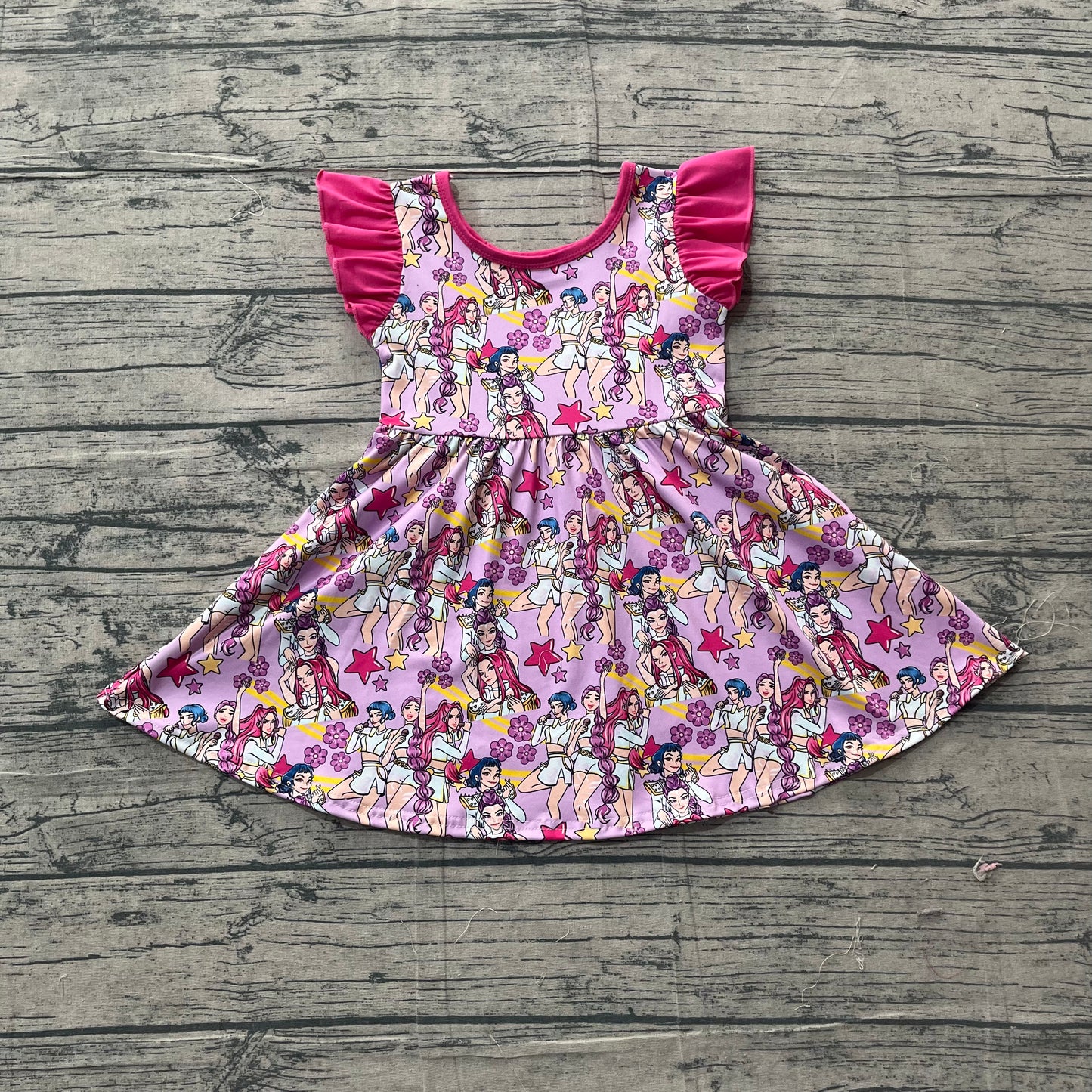 GSD3273Baby Girls Pink Flutter Sleeve Flowers Demon Hunter Knee Length Dresses