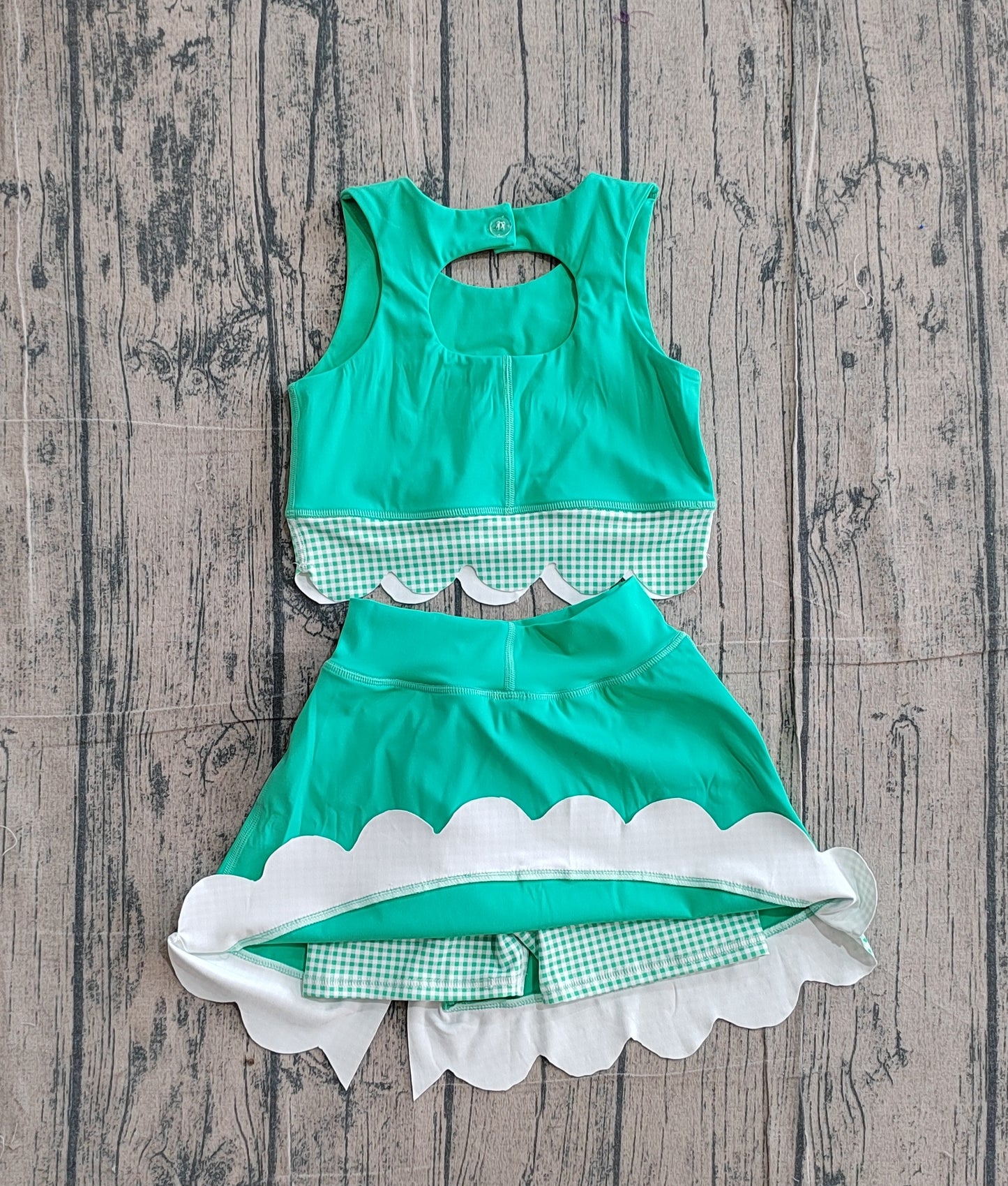 GSD3320Baby Girls Green Vest Bows Skirt Scallop Shorts Yoga Active Clothes Sets Preorder