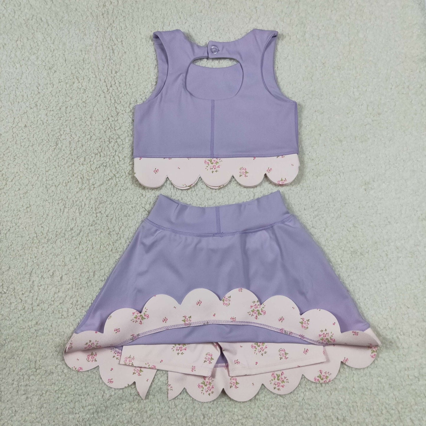 RTS NO MOQ Yoga GSD3323 Baby Girls Lavender Sleeveless Vest Bows Skirt Shorts Yoga Active Scallop Clothes Sets