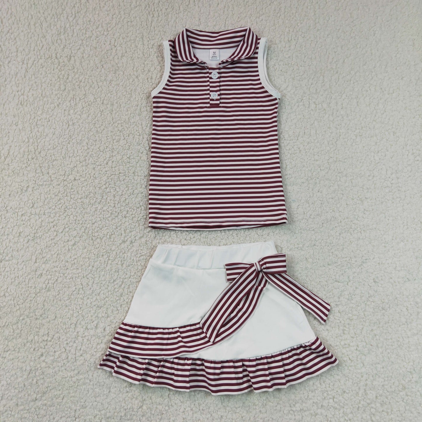 RTS NO MOQ Yoga GSD3662 Baby Girls Maroon Stripe Button Top Ruffle Skirt Shorts Yoga Active Clothes Sets