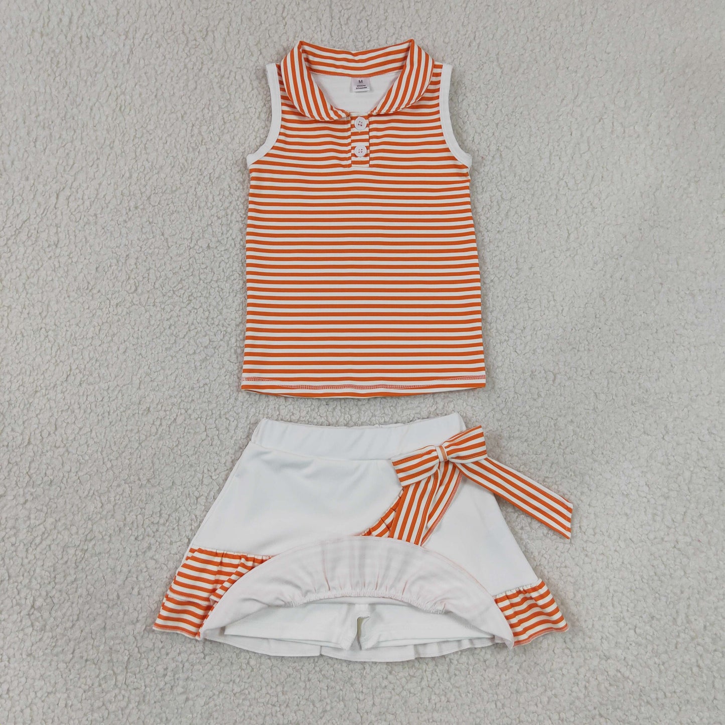 RTS NO MOQ Yoga GSD3663 Baby Girls Orange Stripe Button Vest Ruffle Skirt Shorts Yoga Active Clothes Sets