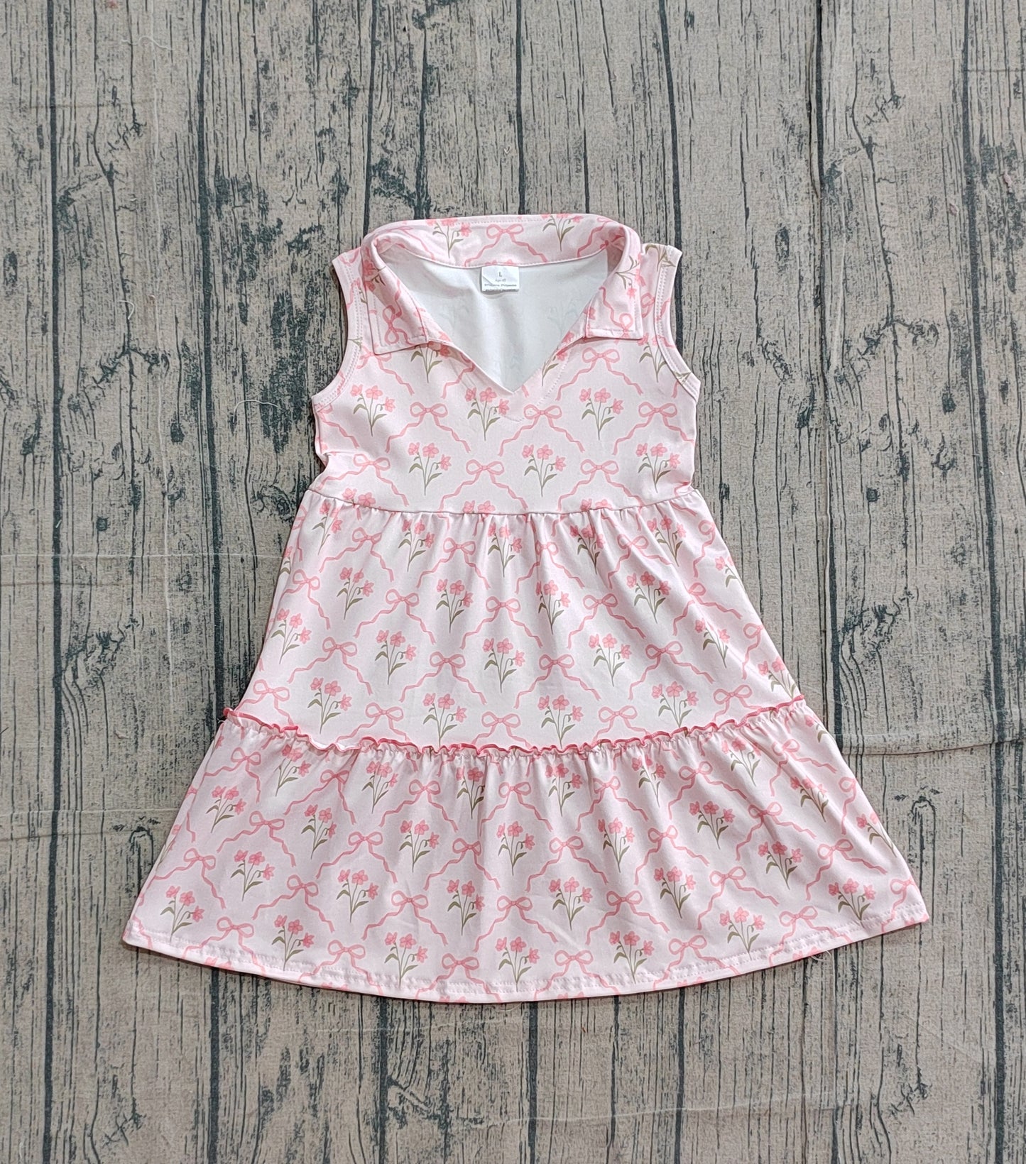 GSD3678Baby Girls Sleeveless Pink Bow Flowers Checked Patchwork Knee Length Dress