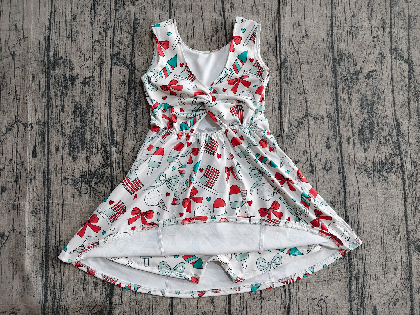 GSD3750Baby Girls Popsicle Flag Bows Yoga Active 4th of July Shorts Knee Length Dress