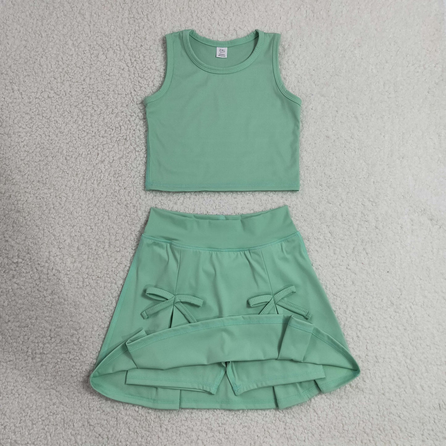 RTS NO MOQ yoga GSD3760 Baby Girls Green Vest Top Bows Skirt Shorts Yoga Active Clothes Set