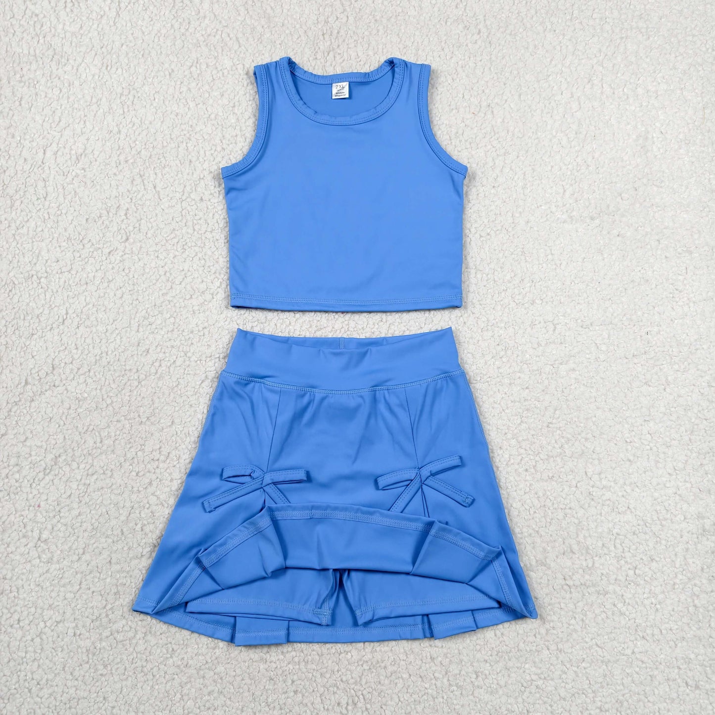 RTS NO MOQ Yoga GSD3761 Baby Girls Hot Blue Vest Top Bows Skirt Shorts Yoga Active Clothes Set