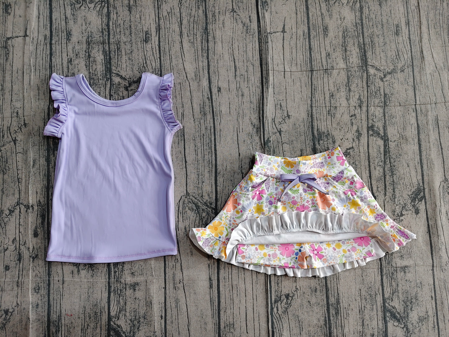GSD3771Baby Girls Purple Vest Colorful Floral Pockets Scallop Skirt Short Yoga Active Clothes Set Preorder