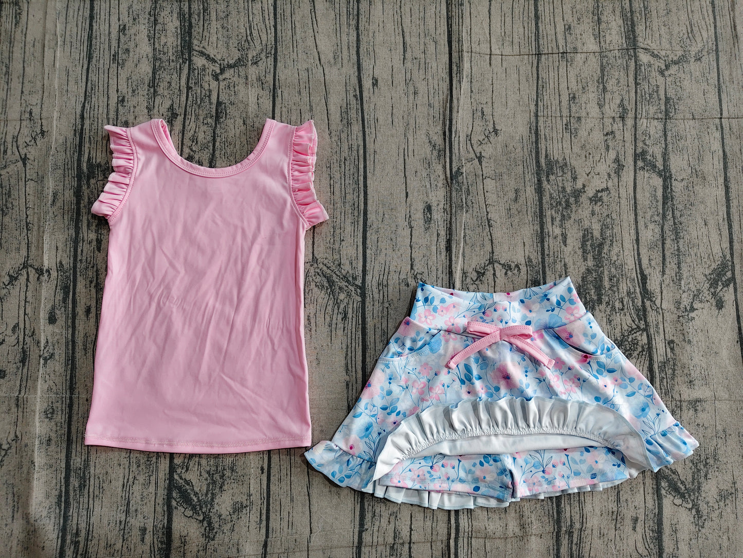 GSD3773Baby Girls Pink Vest Colorful Floral Pockets Scallop Skirt Short Yoga Active Clothes Set Preorder