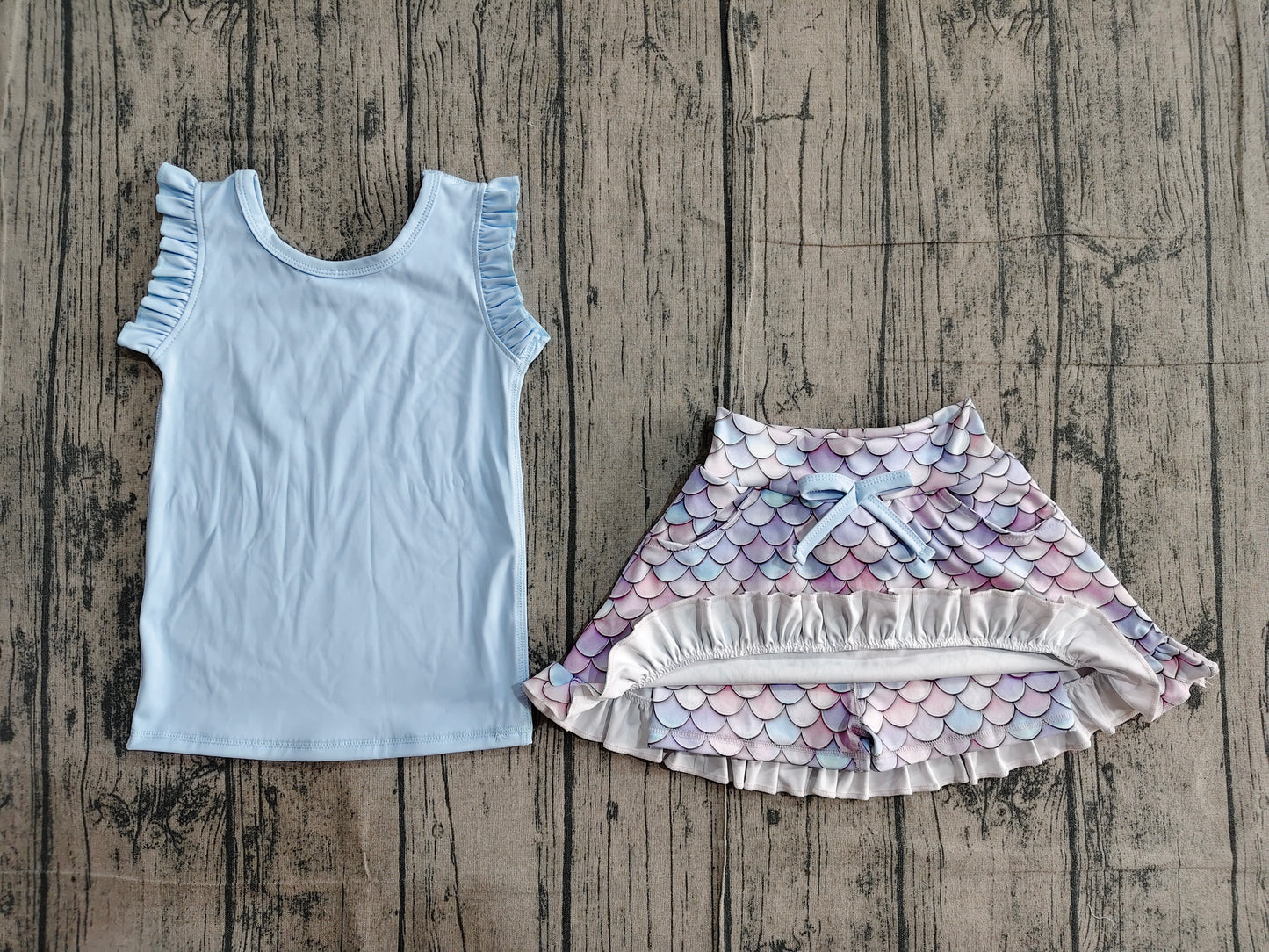 GSD3775Baby Girls Blue Vest Colorful Floral Pockets Scallop Skirt Short Yoga Active Clothes Set Preorder