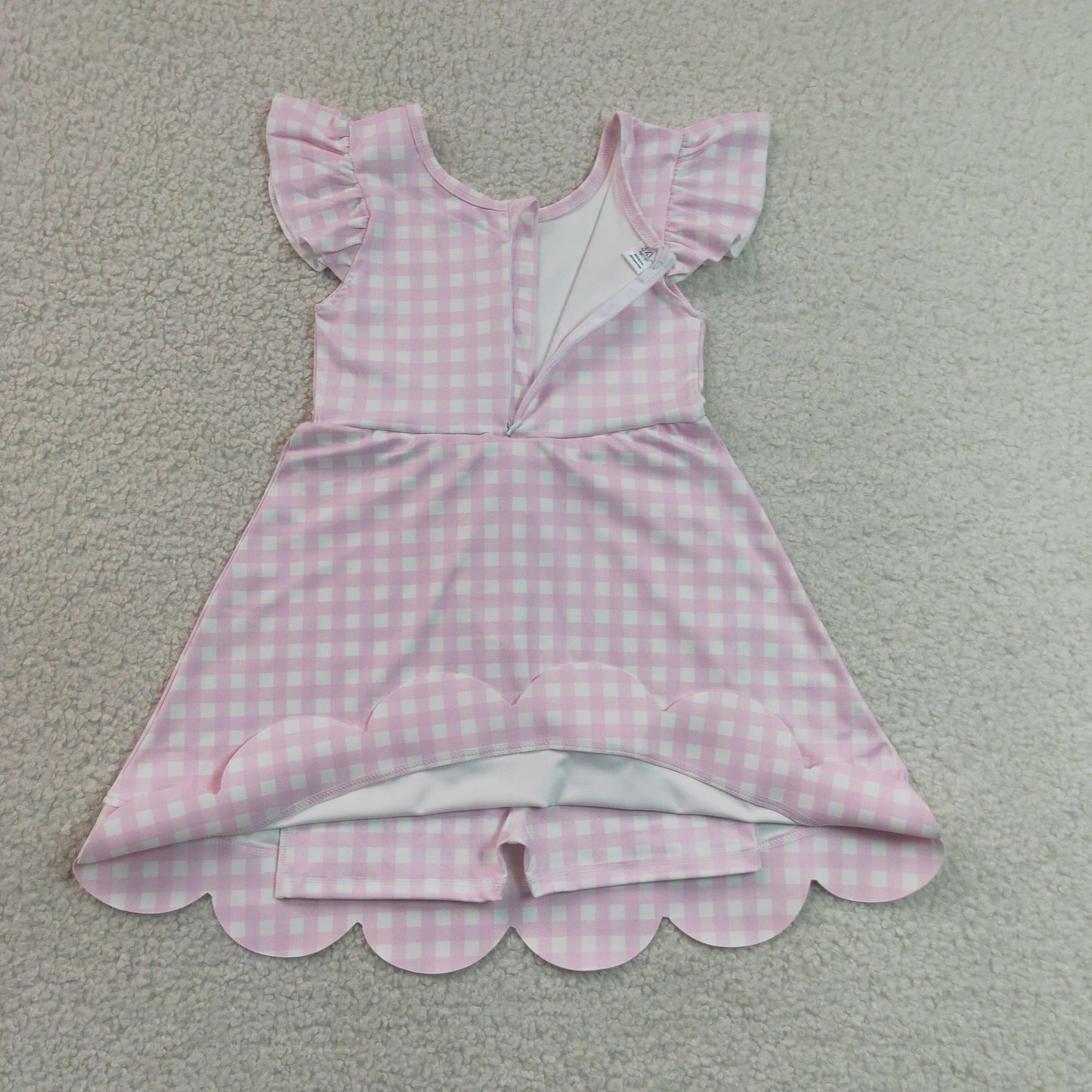 RTS NO MOQ Yoga GSD3796 Baby Girls Pink Checked Yoga Active Short Scallop Knee Length Dresses