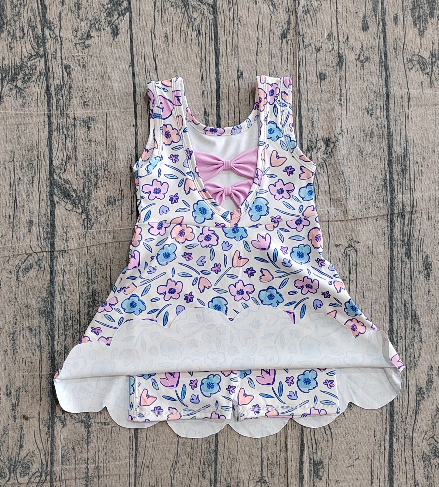GSD3808Baby Girls Colorful Flower Bows Top Yoga Active Scallop Short Knee Length Dress Preorder