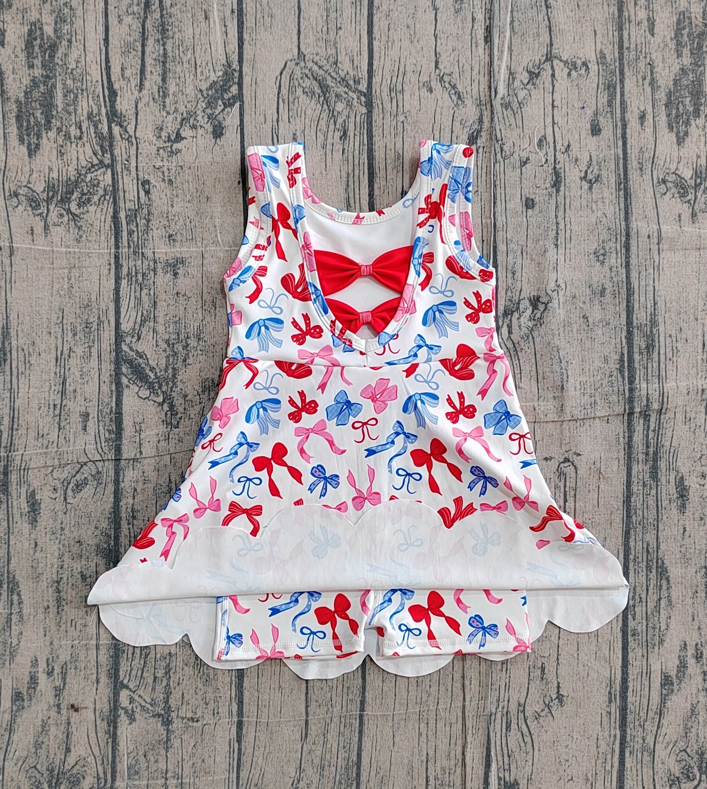GSD3809Baby Girls 4th of July Bows Top Yoga Active Scallop Short Knee Length Dress Preorder
