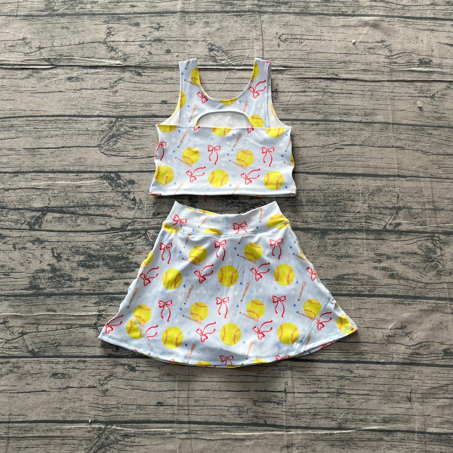 GSD3836Baby Girls Bows Softballs Vests Top Skirt Short Team Yoga Active Clothes Set Preorder