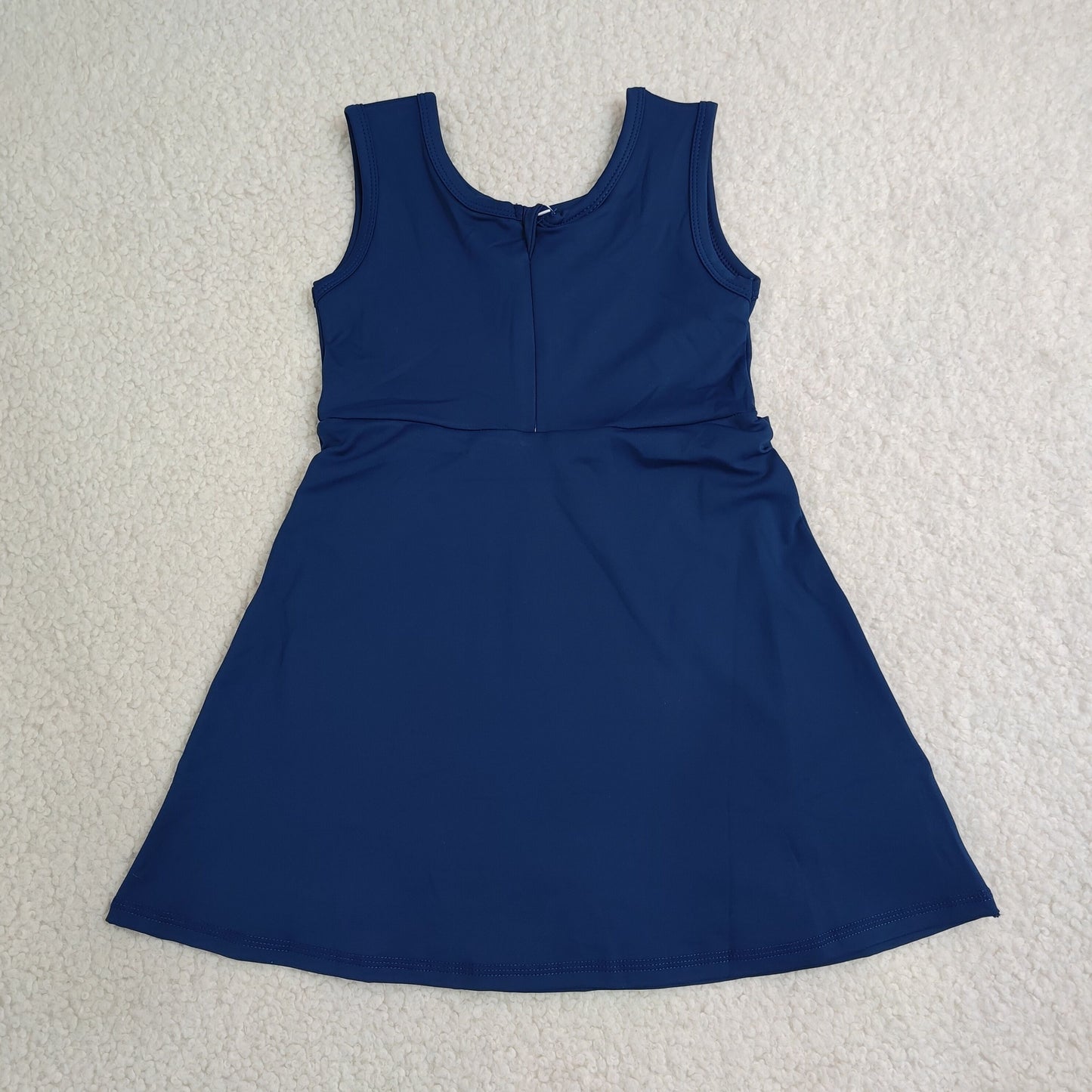 NEW RTS NO MOQ yoga fabric cotton GSD3880 Baby Girls Navy Summer Sleeveless Bow Print Knee Length Yoga Active Dress