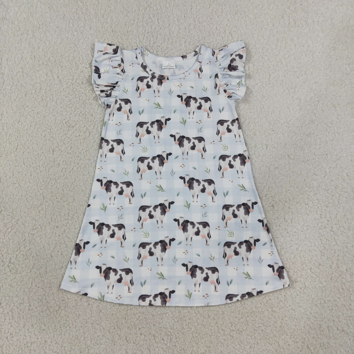 NEW RTS NO MOQ milk silk GSD3895 Baby Girls Flutter Sleeve Blue Checked Cows Farm Knee Length Dresses
