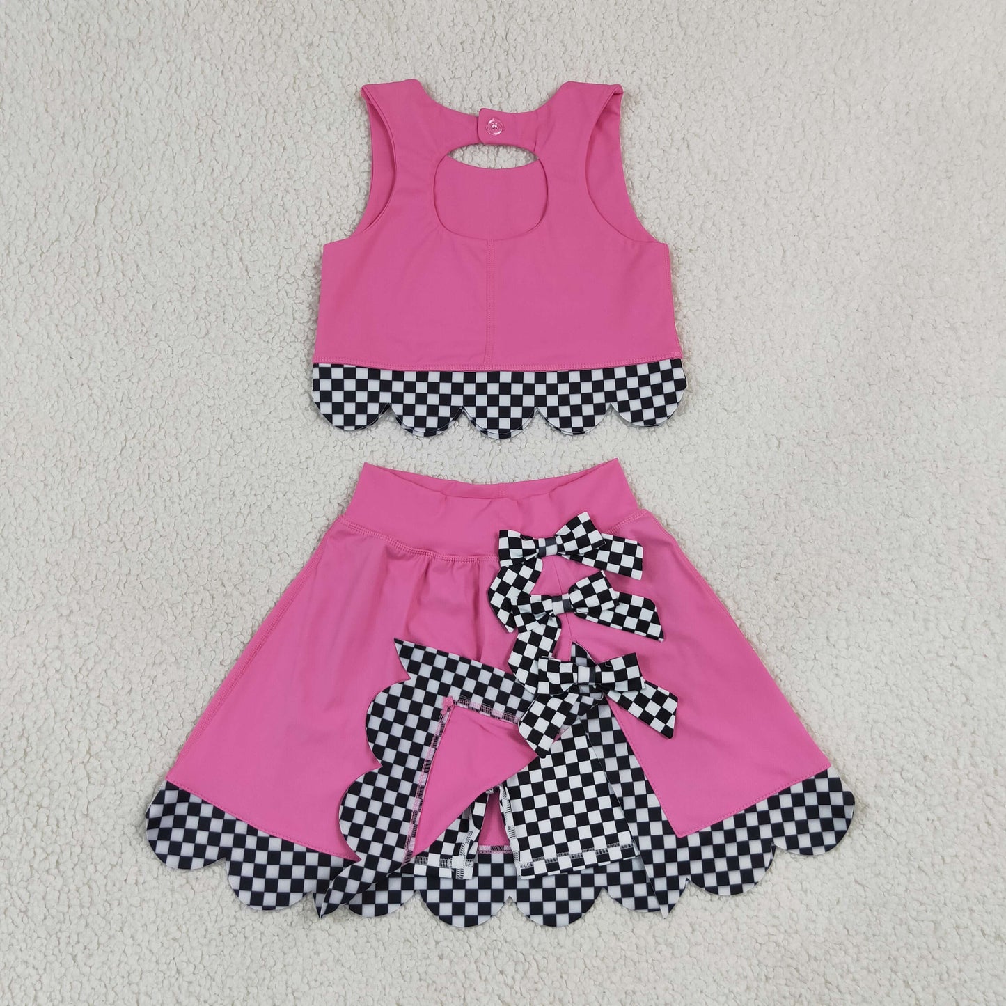 NEW RTS NO MOQ yoga fabric GSD3926 Baby Girls Pink Sleeveless Bow Vest Top Scallop Hem Shorts Yoga Active Matching Clothes Set