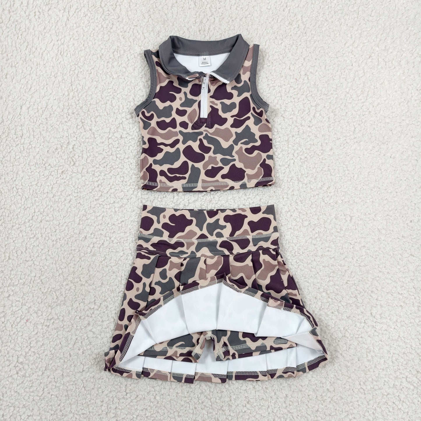 RTS NO MOQ Yoga GSD3969 Baby Girls Brown Camo Zip Vest Pleated Skirt Short Yoga Active Clothes Set