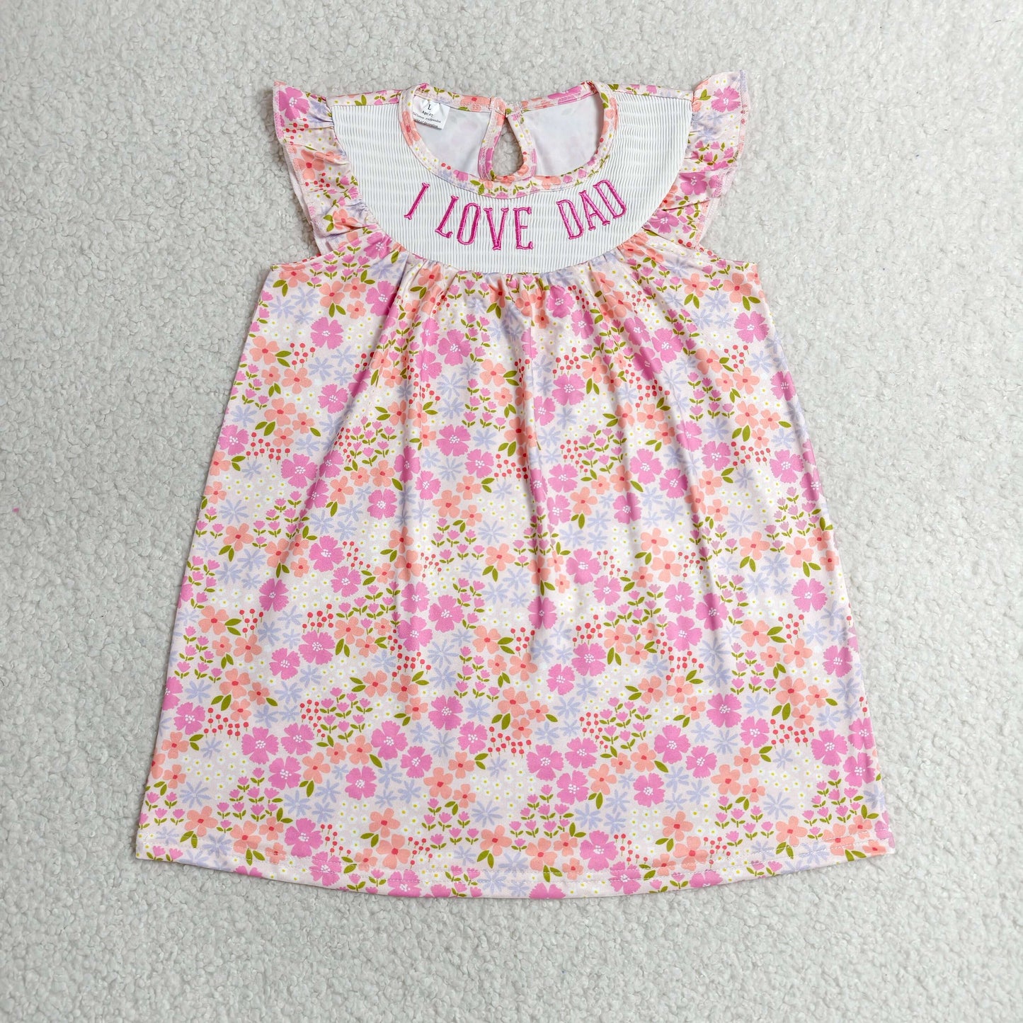 RTS NO MOQ milk silk GSD3986 Smocked I Love Dad Baby Girls Flutter Sleeve Flowers Knee Length Dresses