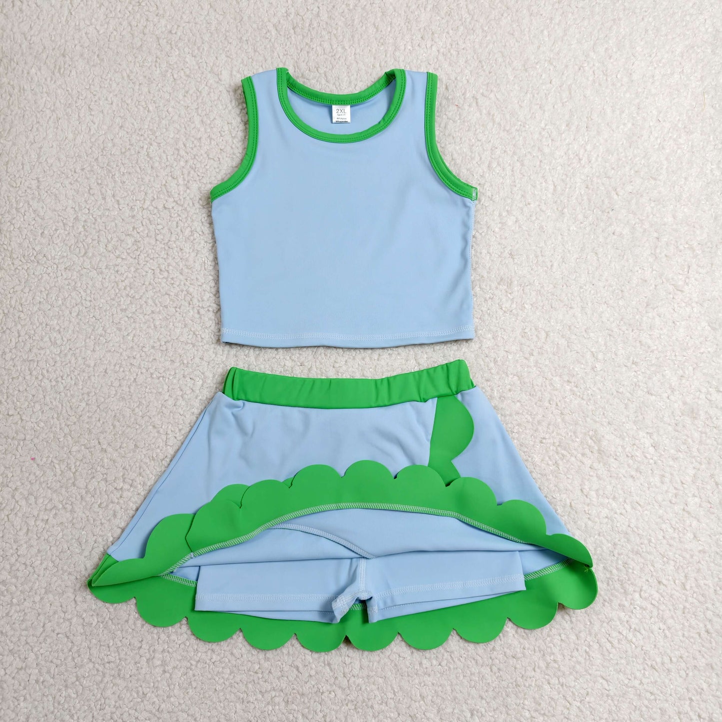 RTS NO MOQ Yoga GSD4021 Baby Girls Blue Green Vest Scallop Skirt Short Yoga Active Clothes Set