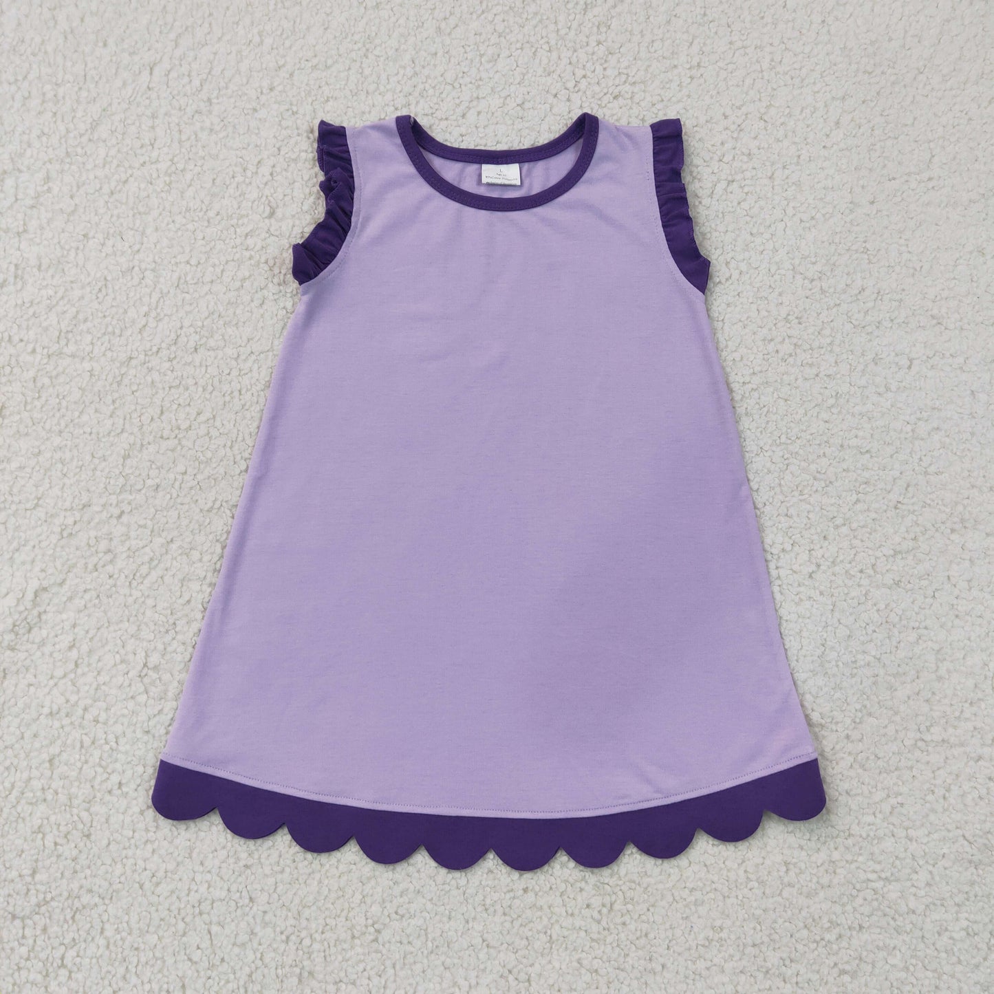 RTS NO MOQ cotton GSD4051 Kids Girls Purple Sleeveless Solid Scallop Knee Length Dress