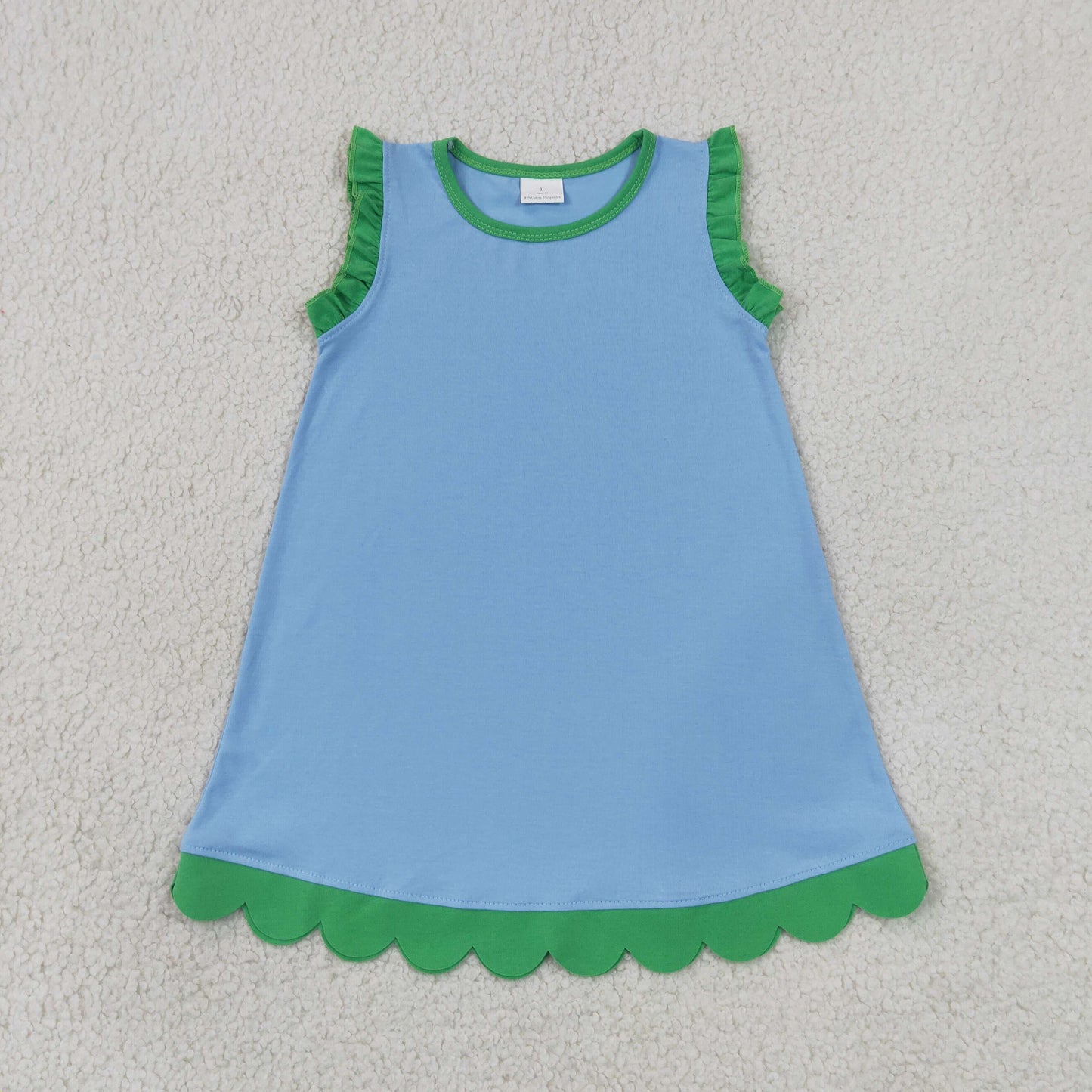 NEW RTS NO MOQ cotton GSD4060 Baby Girls Green Blue Sleeveless Scallop Knee Length Dresses