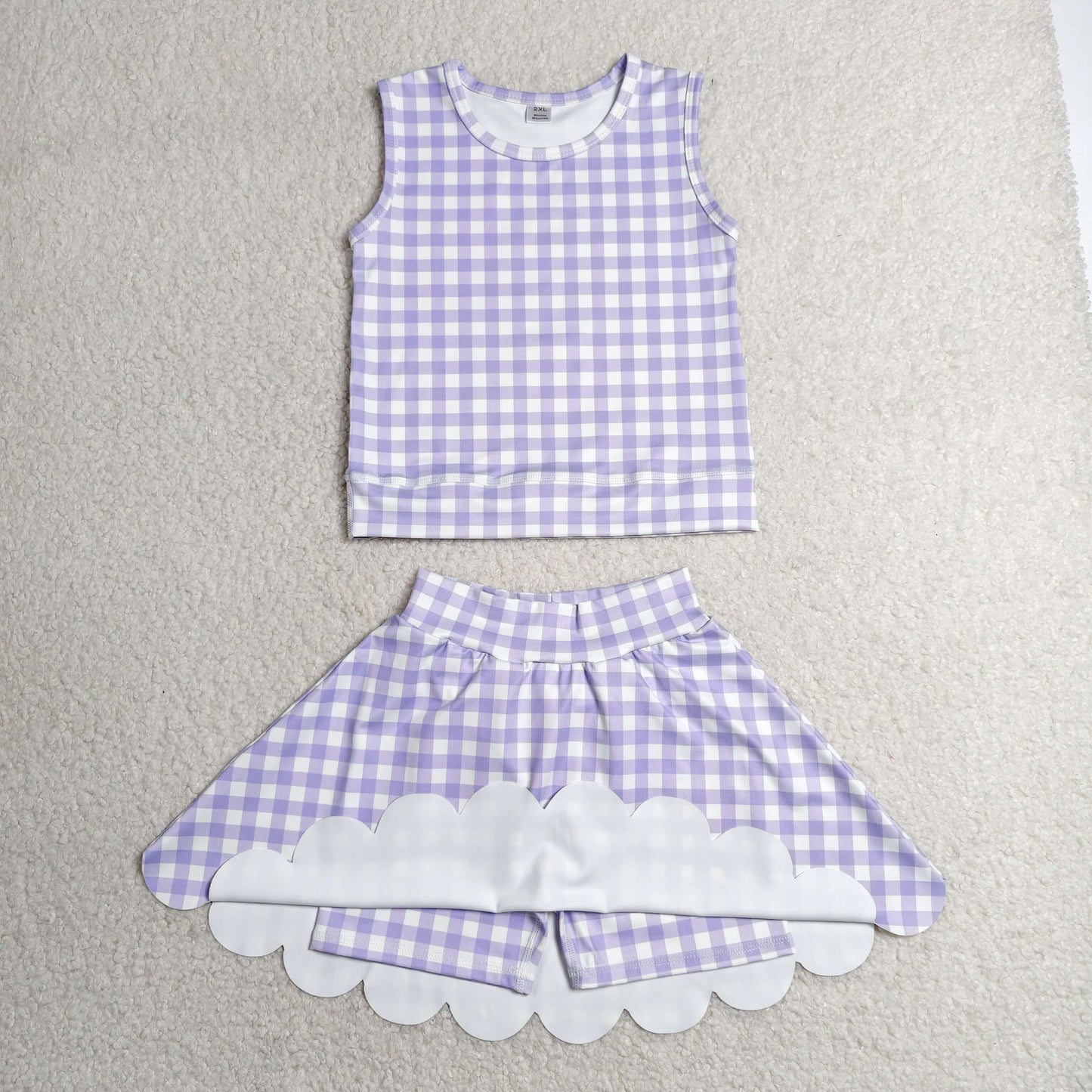 RTS NO MOQ Yoga GSD4067 Baby Girls Lavender Checked Vest Scallop Skirt Short Yoga Active Clothes Set