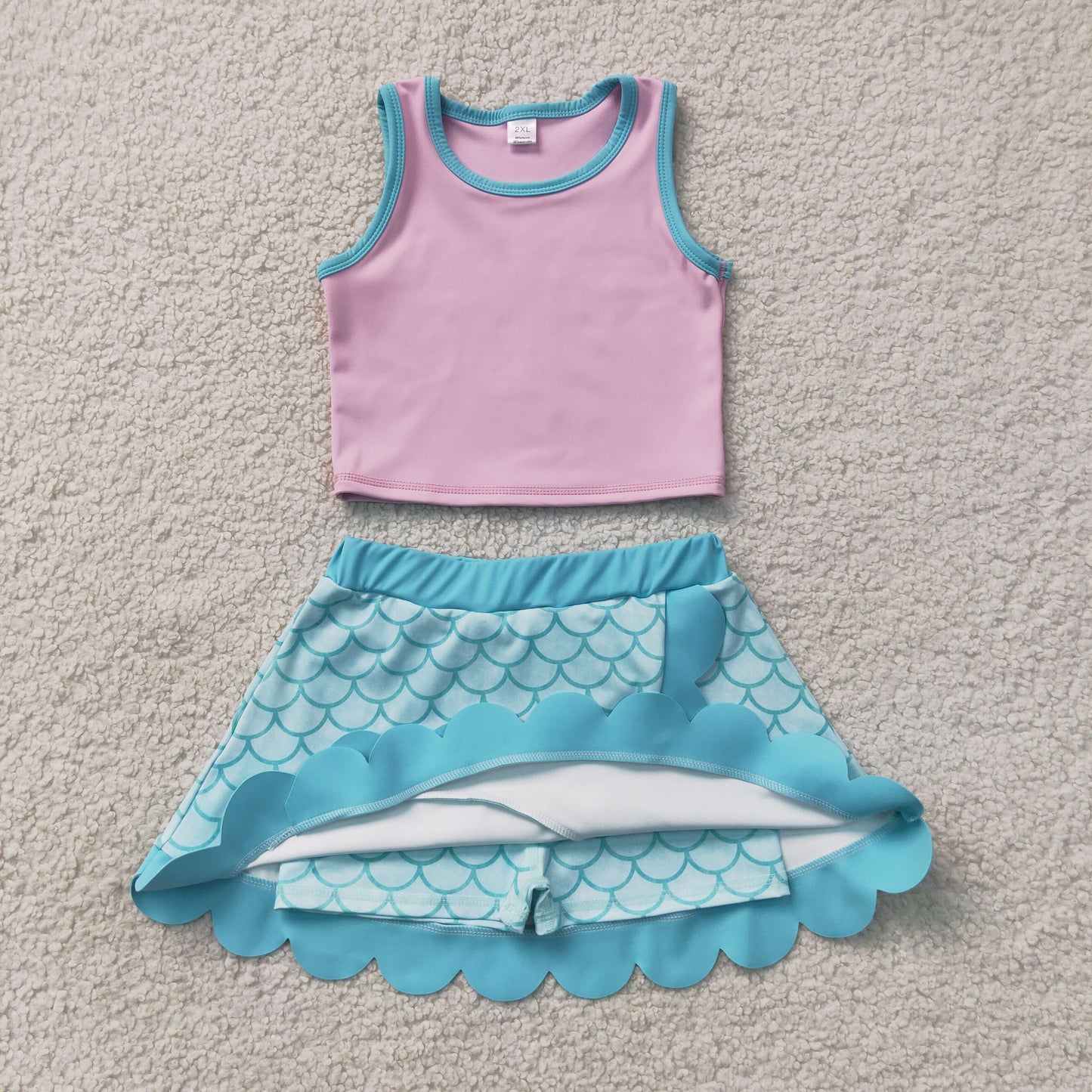 NEW RTS NO MOQ yoga fabric GSD4083 Baby Girls Pink Aqua Vest Scallop Yoga Skort Set