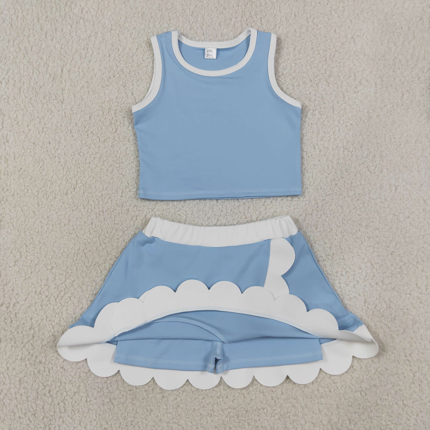 NEW RTS NO MOQ yoga fabric cotton GSD4084 Baby Girls Light Blue Scallop Trim Vest Skort Yoga Outfit