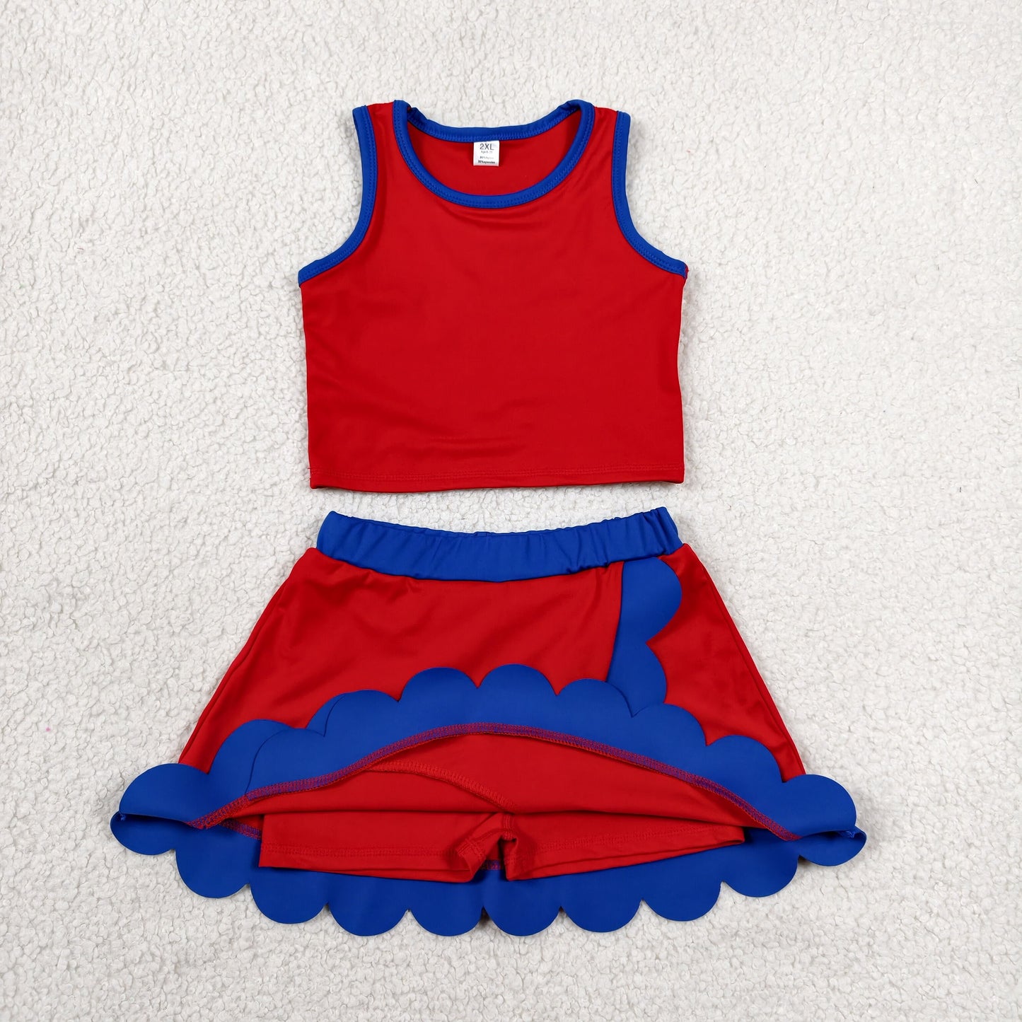 GSD4097 Baby Girls Red Hot Blue Vest Scallop Skirt Short Yoga Active Clothes Set
