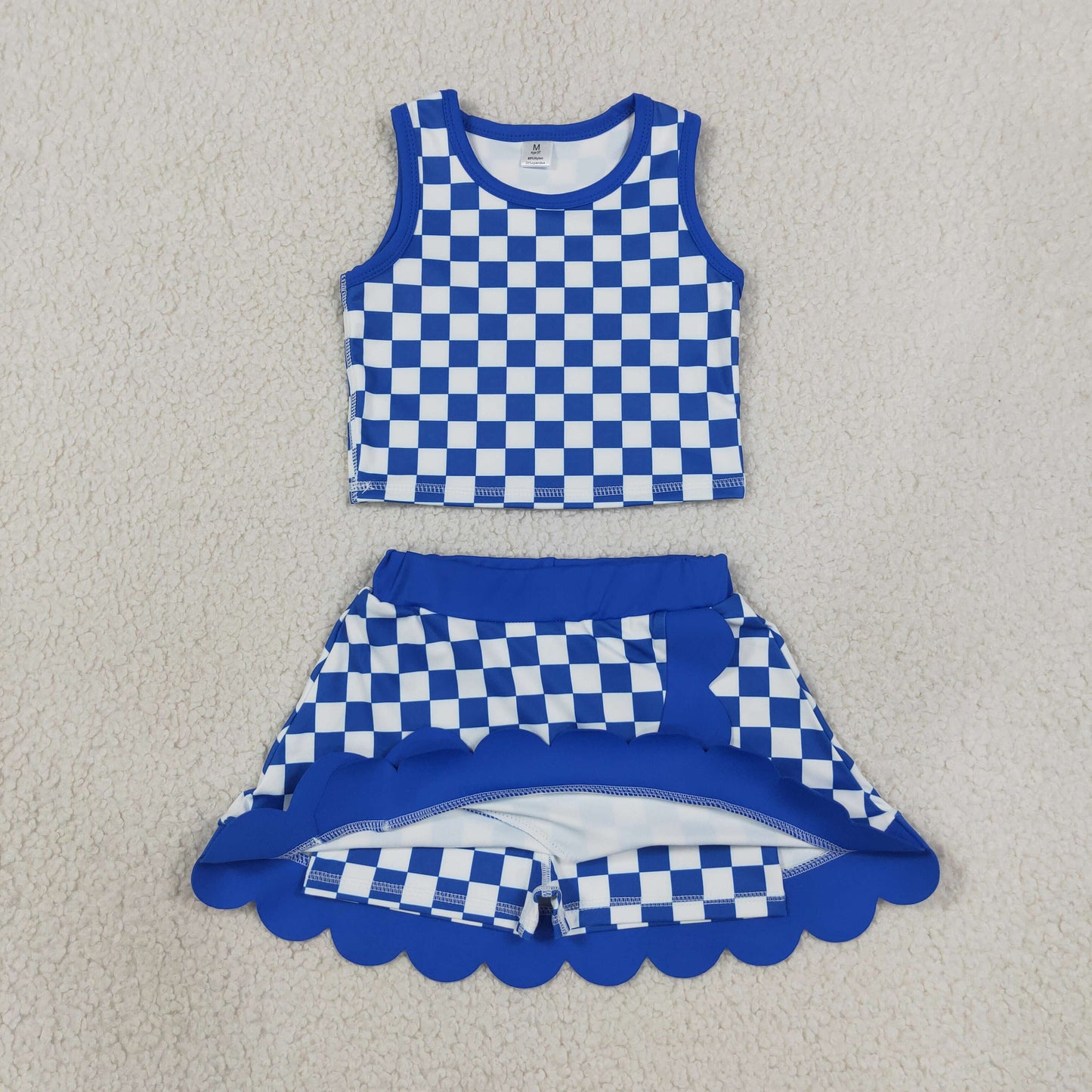 NEW RTS NO MOQ yoga fabric GSD4110 Baby Girls Hot Blue Check Sleeveless Scallop Hem Vest Skort Yoga Active Clothes Set