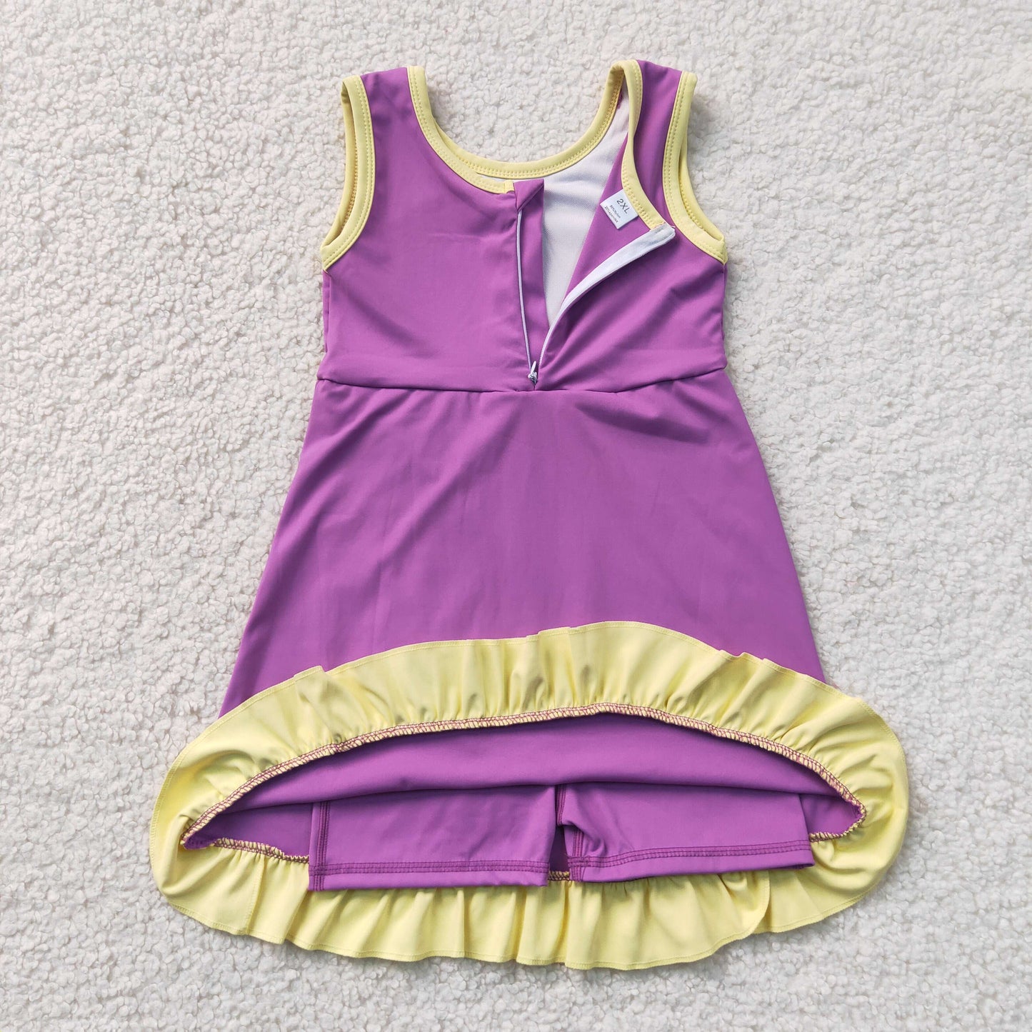 RTS NO MOQ yoga GSD4147 Baby Girls Sleeveless Purple Yellow Yoga Active Short Knee Length Dress