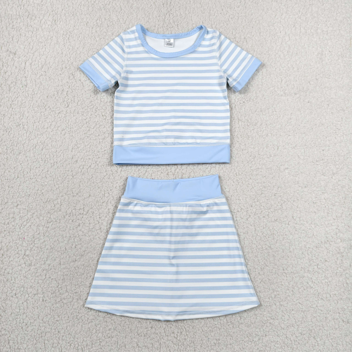 RTS NO MOQ Sibling yoga Baby Girls Pink Blue Stripe Short Sleeve Shirts Skirt Short Yoga Active Clothes Sets