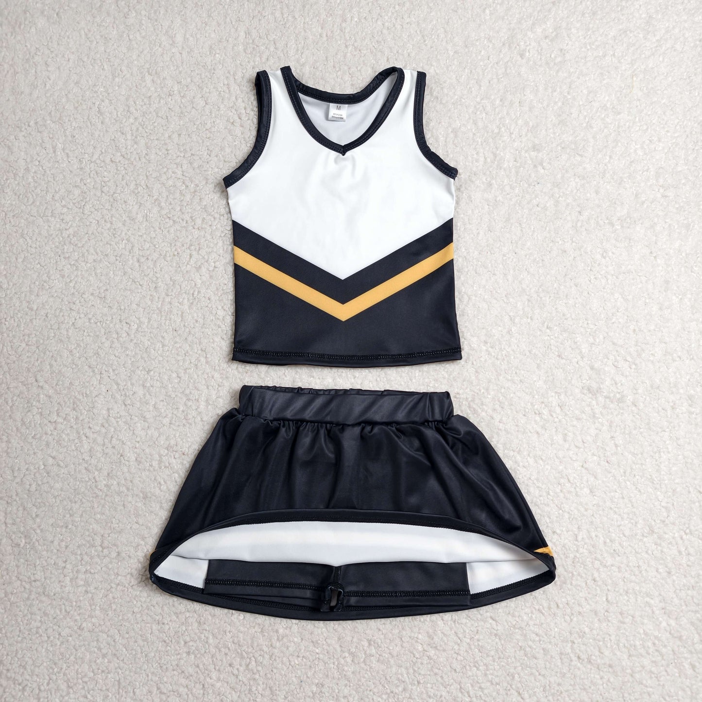 RTS NO MOQ Yoga GSD4201 Baby Girls Black Gold Stripe Vest Top Skirt Shorts Team Yoga Active Clothes Sets