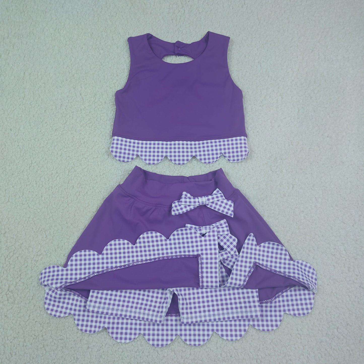 NEW RTS NO MOQ yoga fabric GSD4225 Baby Girls Purple Sleeveless Vest Bows Scallop Skirt Shorts Yoga Active Set
