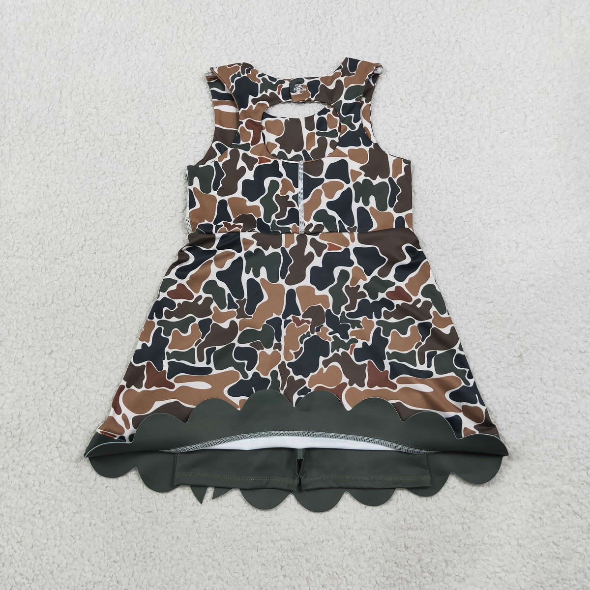 NEW RTS NO MOQ yoga fabric GSD4229 Baby Girls Dark Brown Camo Yoga Active Short Bows Scallop Knee Length Dress