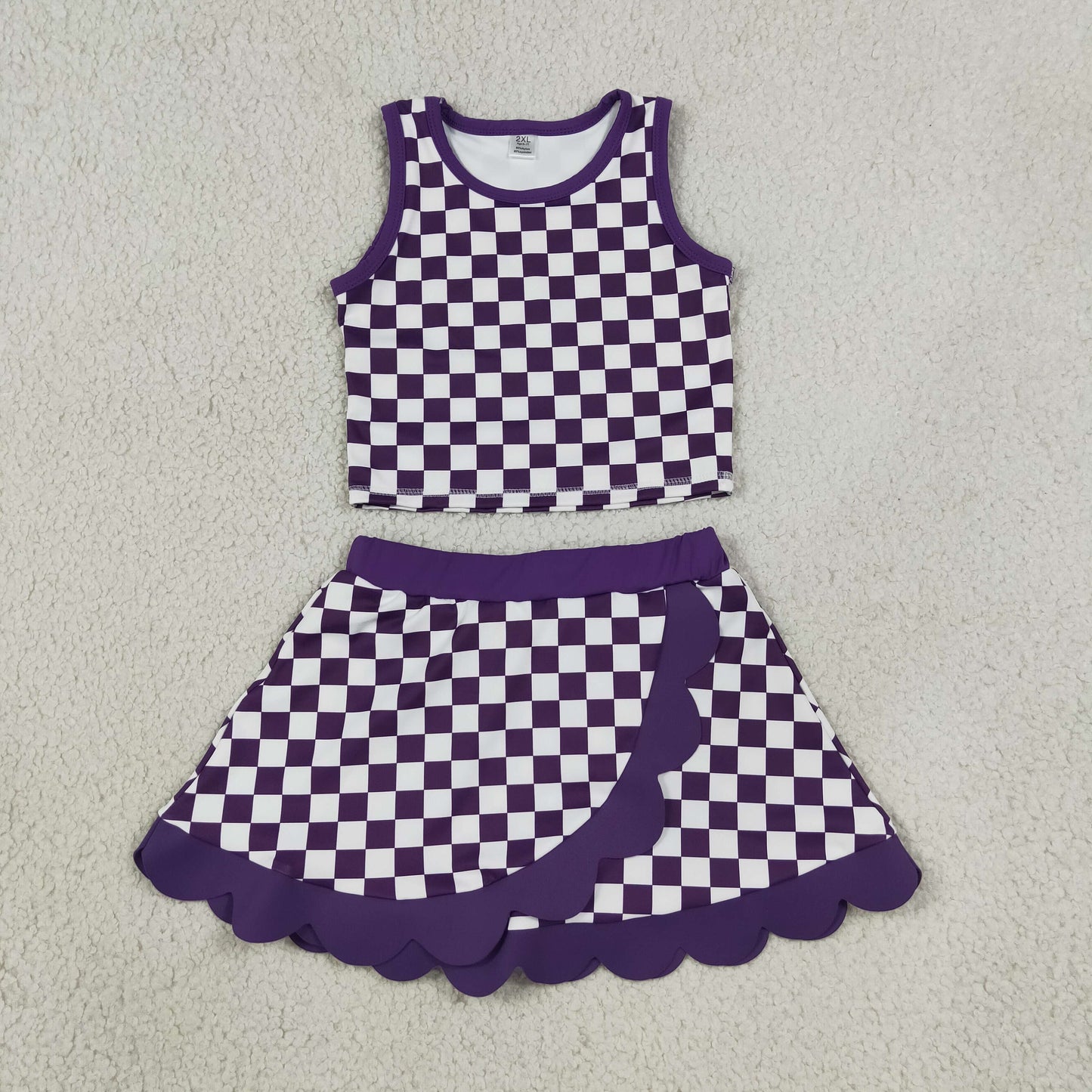 RTS NO MOQ Sibling milk silk Sibling Baby Girls Colorful Checked Vests Scallop Skirt Short Yoga Active Clothes Sets